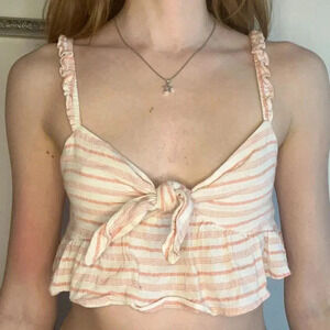 💥5/$10💥 FOREVER 21 Tie Front Striped Cream/Pink Crop Tank Top S